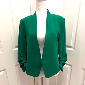 Rachel Zoe Kelly Green Open Front Blazer Ruched Sleeve Jacket Size 10